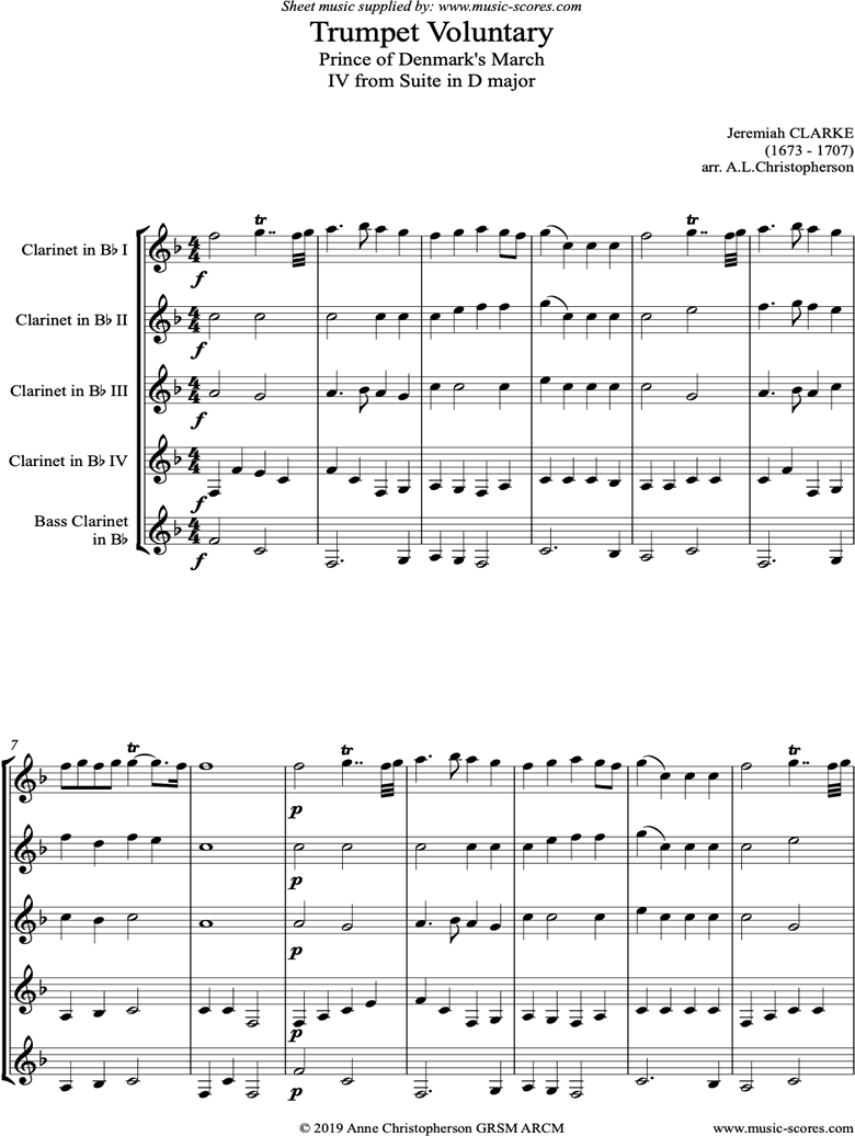 Front page of Suite in D: Trumpet Voluntary: Clarinet quintet sheet music