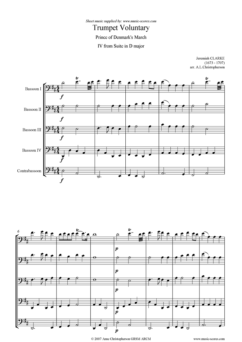 Front page of Suite in D: Trumpet Voluntary: Bassoon quintet sheet music