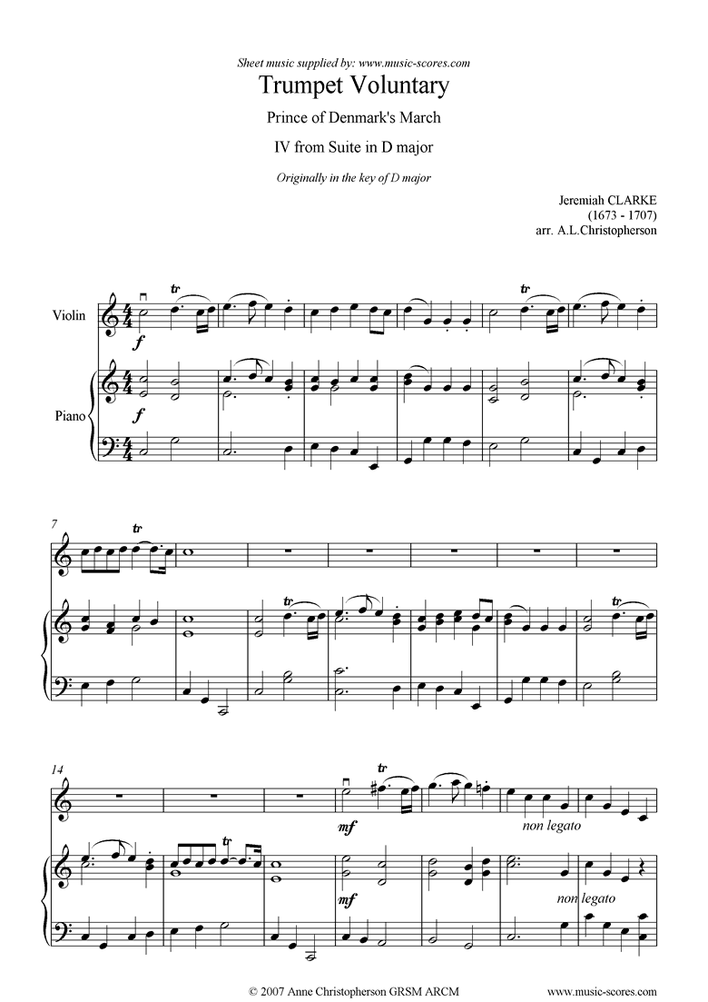 Front page of Suite in D: Trumpet Voluntary: Violin and Piano sheet music