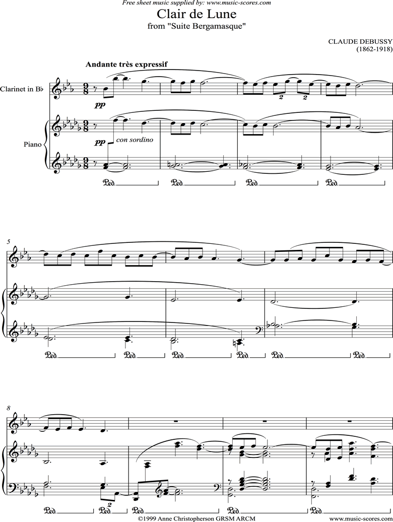 Suite Bergamasque 03 Clair De Lune Clarinet Sheet Music By Achille Claude Debussy