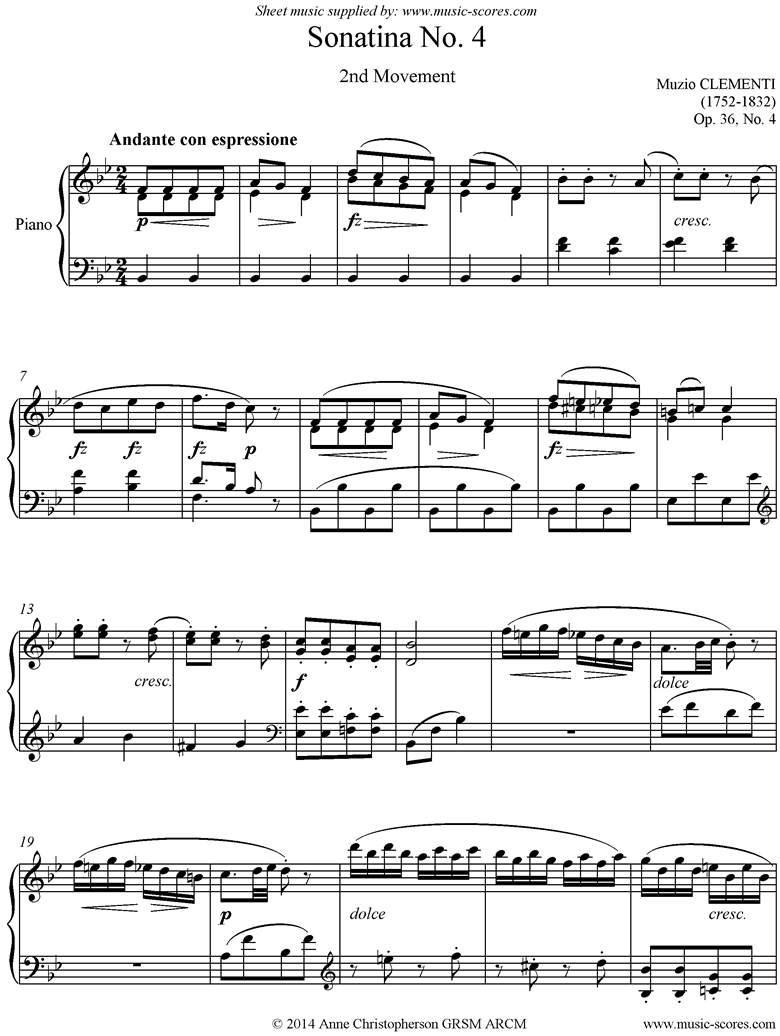 Front page of Op. 36, No. 4: Sonatina in F: 2nd Movement sheet music