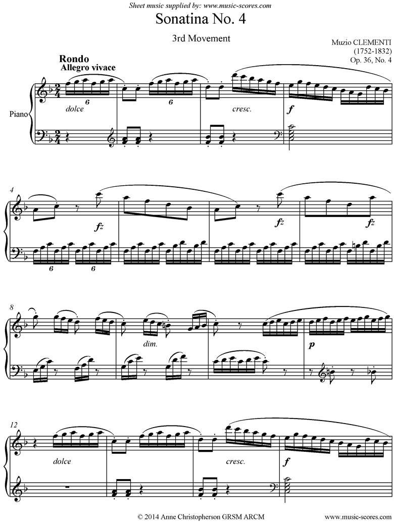 Front page of Op. 36, No. 4: Sonatina in F: 3rd Movement sheet music
