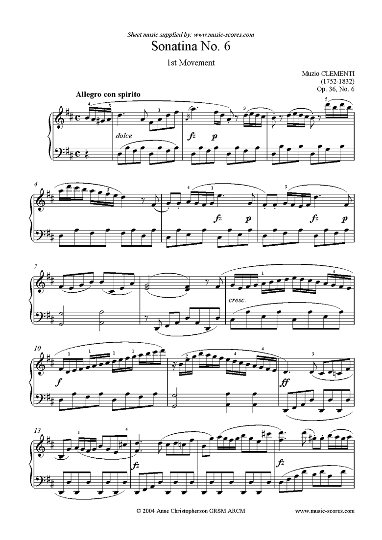 Front page of Op. 36, No. 6: Sonatina in D: 1st Movement sheet music