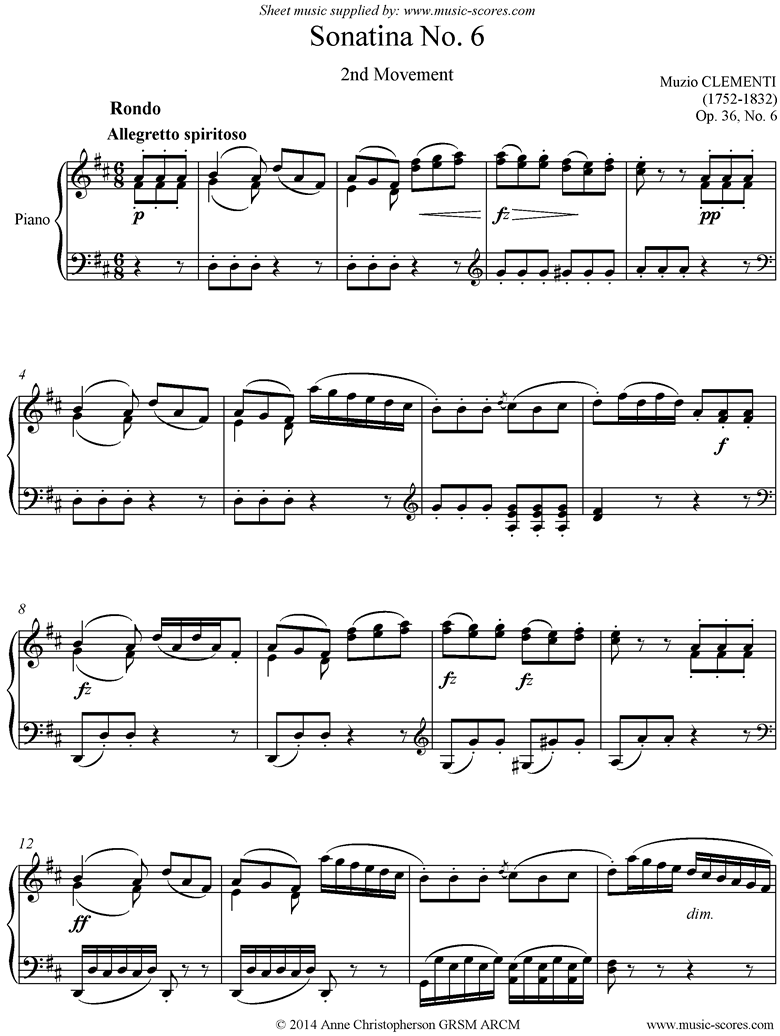 Front page of Op. 36, No. 6: Sonatina in D: 2nd Movement sheet music