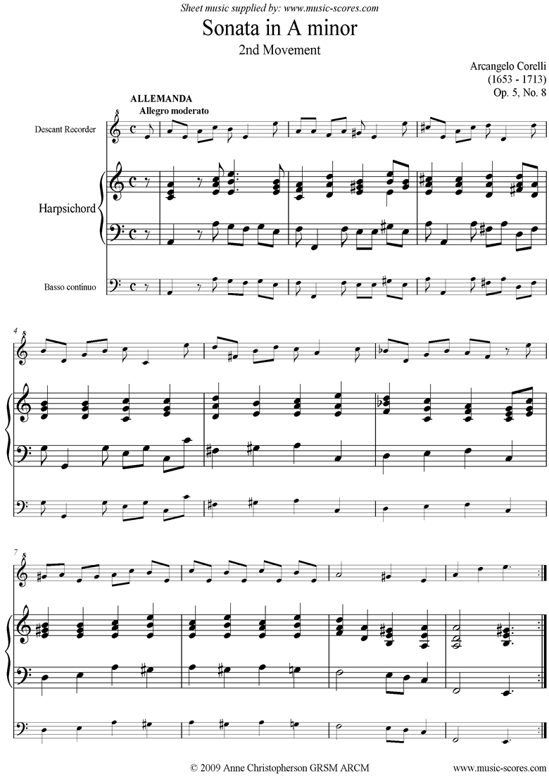 Front page of Sonata in A minor, 2nd Movement: Op. 5, No. 8 sheet music