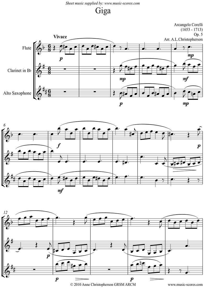 Front page of Giga, from Sonata in D minor: Op. 5: Fl, Cl, Asx sheet music