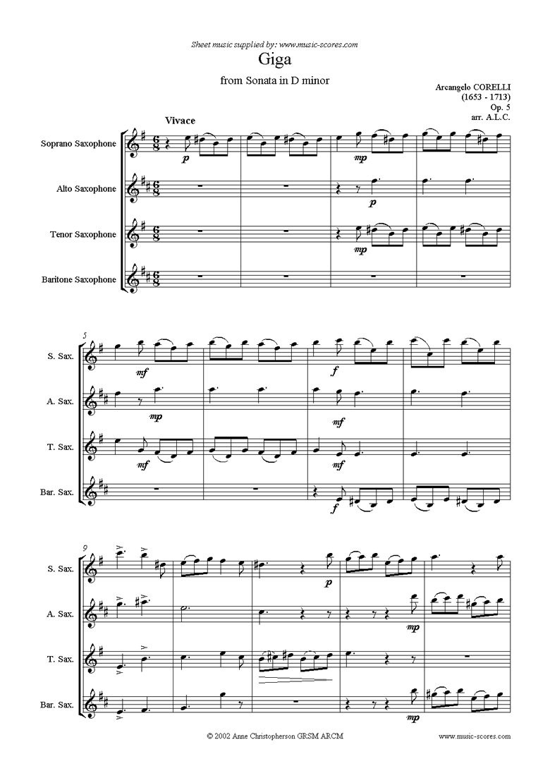 Front page of Giga, from Sonata in D minor: Op. 5: Sax quartet: Soprano, Alto, Tenor, Bari. sheet music