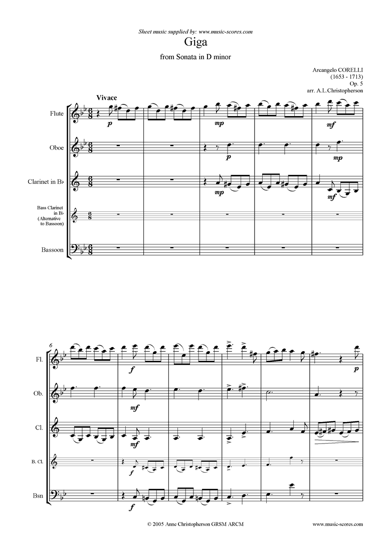 Front page of Giga, from Sonata in D minor: Op. 5: Fl, Ob, Cl,Fg sheet music