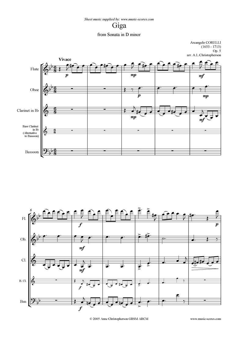 Giga, from Sonata in D minor: Op. 5: Fl, Ob, Cl,Fg by Corelli