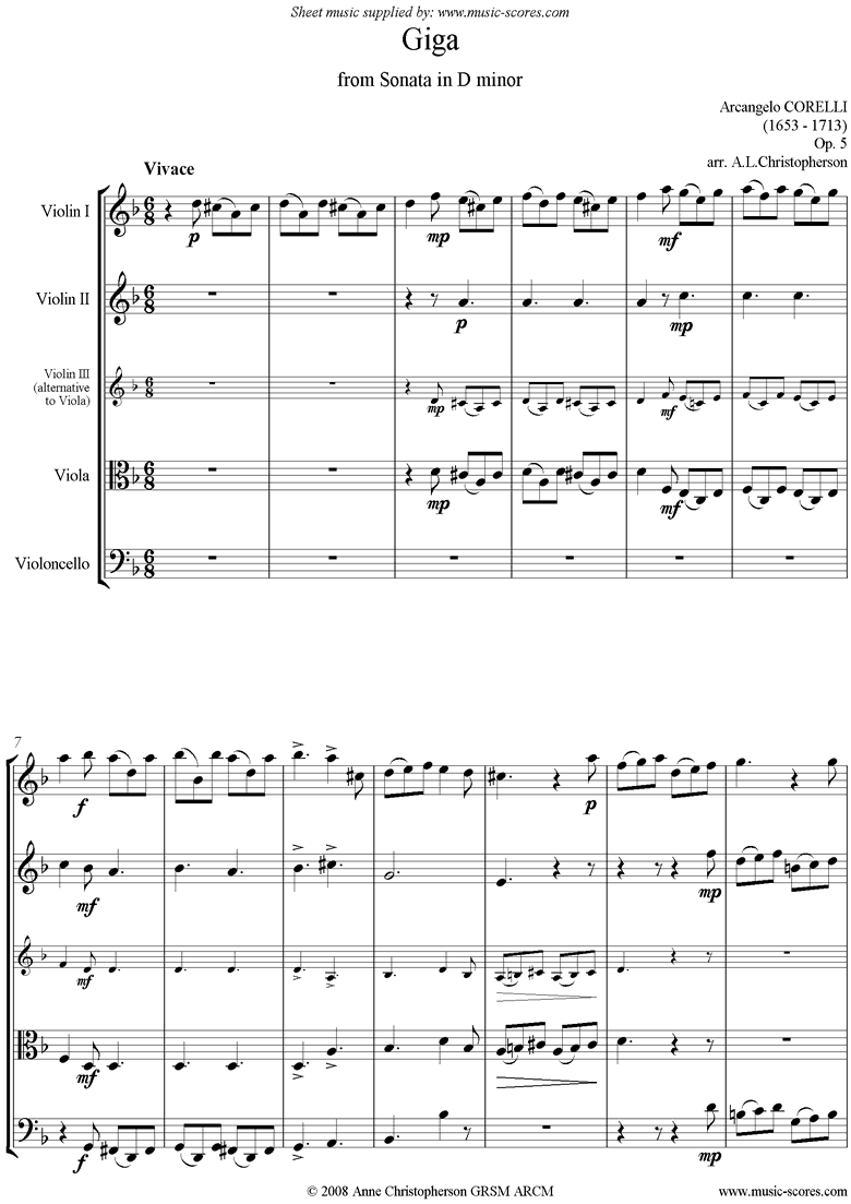 Front page of Giga, from Sonata in D minor: Op. 5 String 4 sheet music