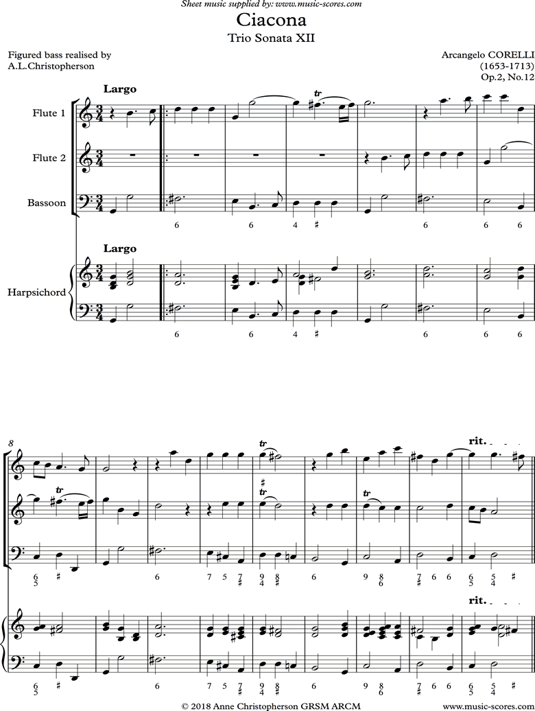 Front page of Trio Sonata in G Minor: Op. 2, No. 12: 2 Flutes, Bassoon, Harpsichord sheet music