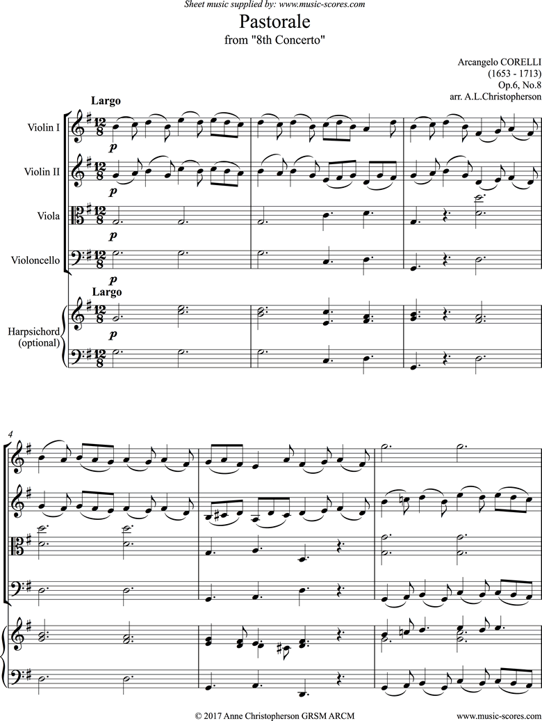 Front page of Christmas Concerto: Pastorale: String Quartet, Harpsichord sheet music