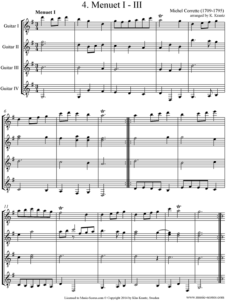 Front page of Suite in C major: 3 Minuets: Guitar quartet sheet music