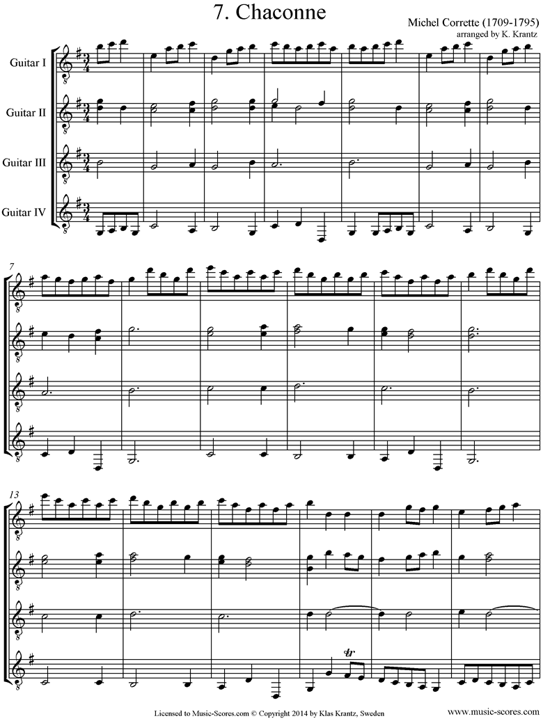 Front page of Suite in C major: Chaconne: Guitar quartet sheet music