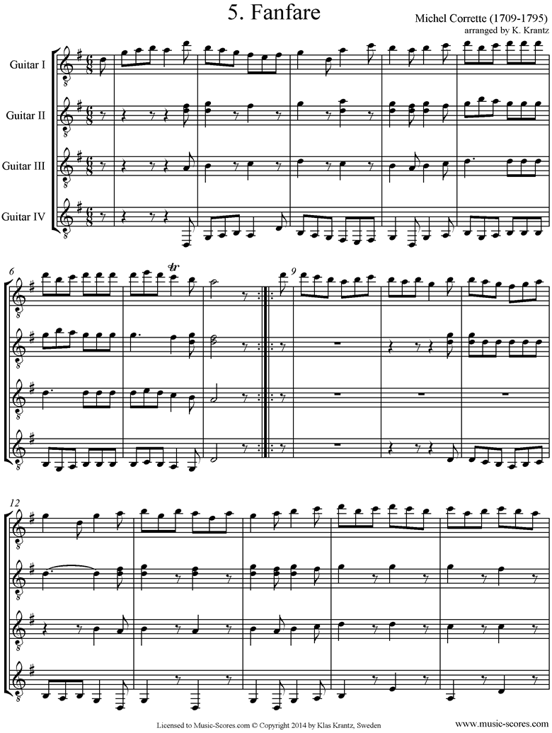 Front page of Suite in C major: Fanfare: Guitar quartet sheet music