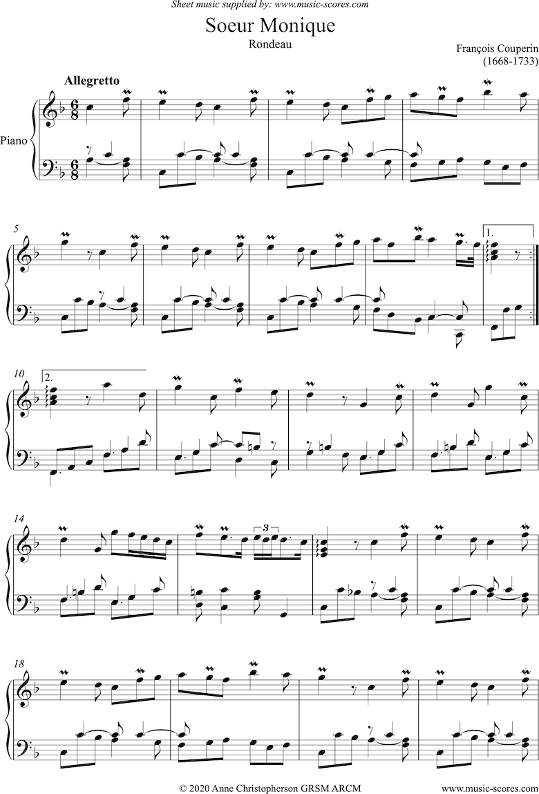 Front page of Soeur Monique: Rondeau: Piano sheet music