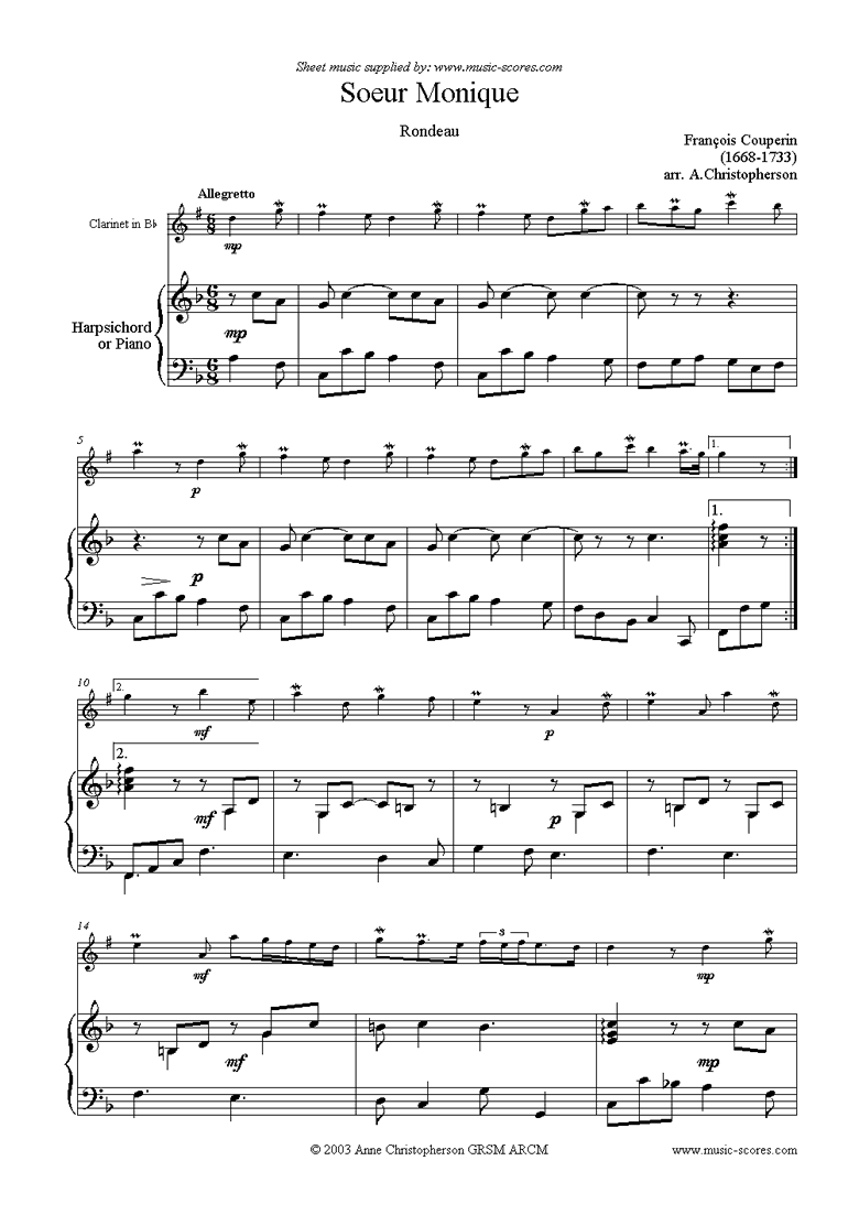 Front page of Soeur Monique: Rondeau for Clarinet sheet music