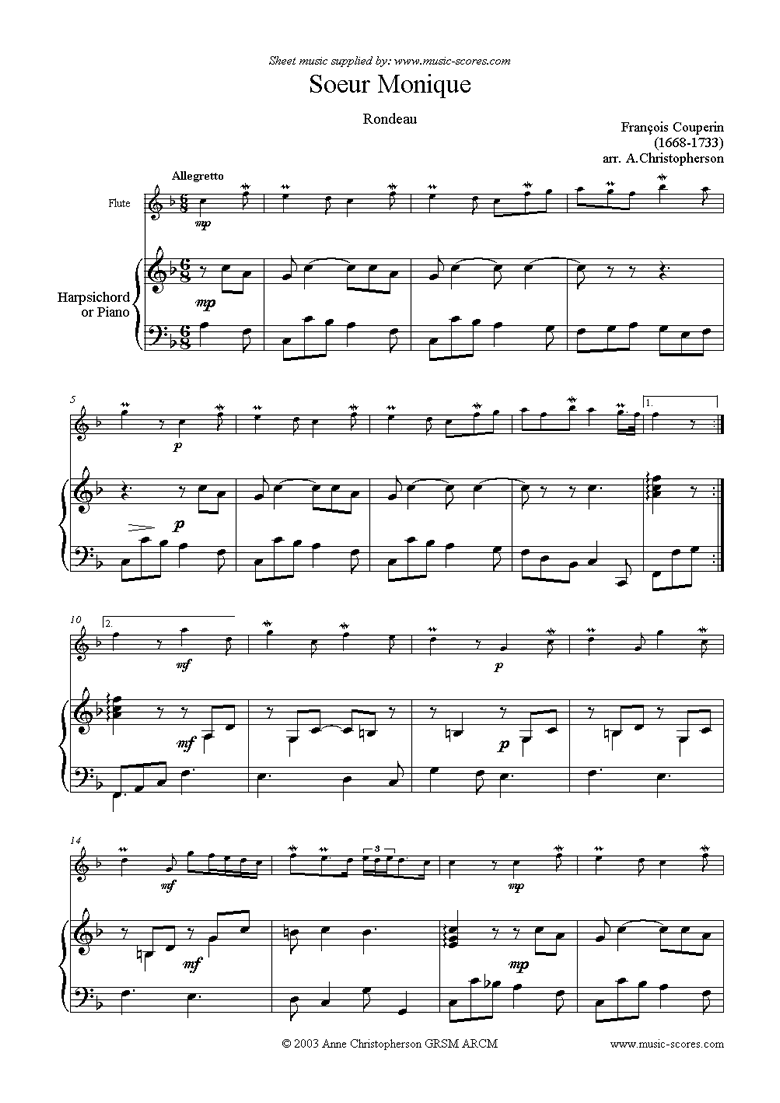 Front page of Soeur Monique: Rondeau for Flute sheet music