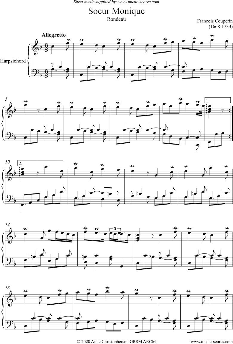 Front page of Soeur Monique: Rondeau: Harpsichord sheet music