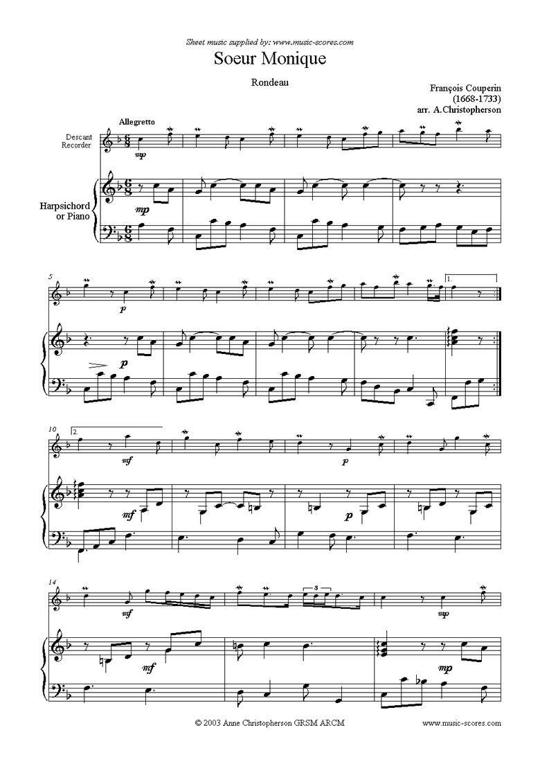 Front page of Soeur Monique: Rondeau for Descant Recorder sheet music