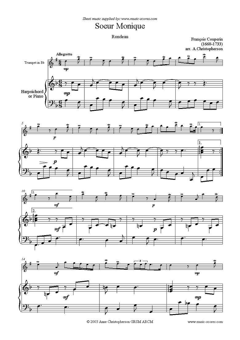 Front page of Soeur Monique: Rondeau for Trumpet sheet music