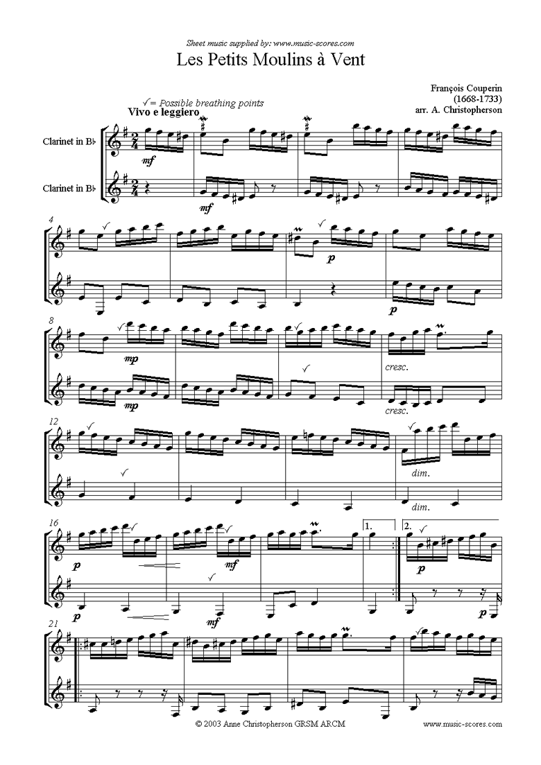 Front page of Les Petits Moulins à Vent: 2 clarinets sheet music