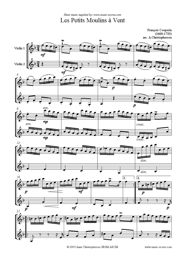 Front page of Les Petits Moulins à Vent: 2 Violins sheet music