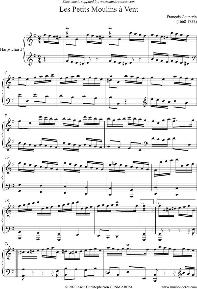 Front page of Les Petits Moulins à Vent: Harpsichord sheet music