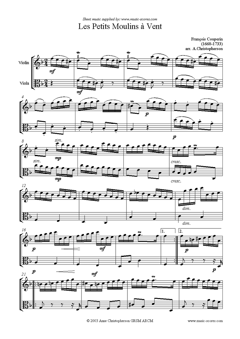 Front page of Les Petits Moulins à Vent:  violin and viola sheet music