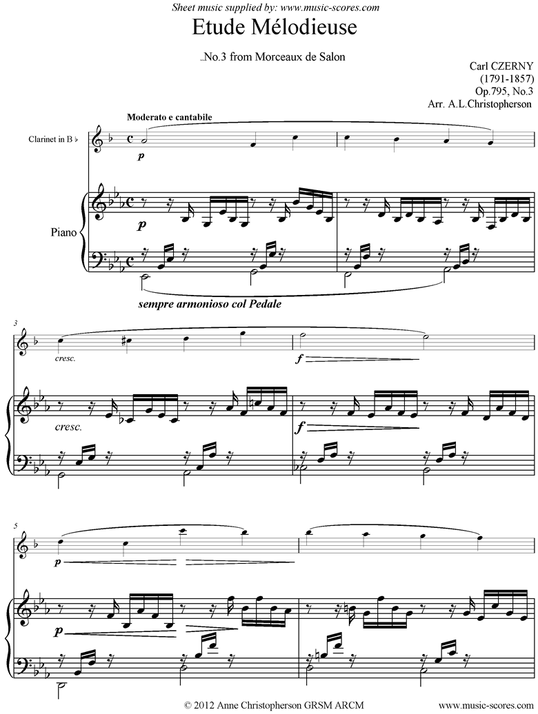 Front page of Op795, No3: Melodic Study: Clarinet, Piano sheet music