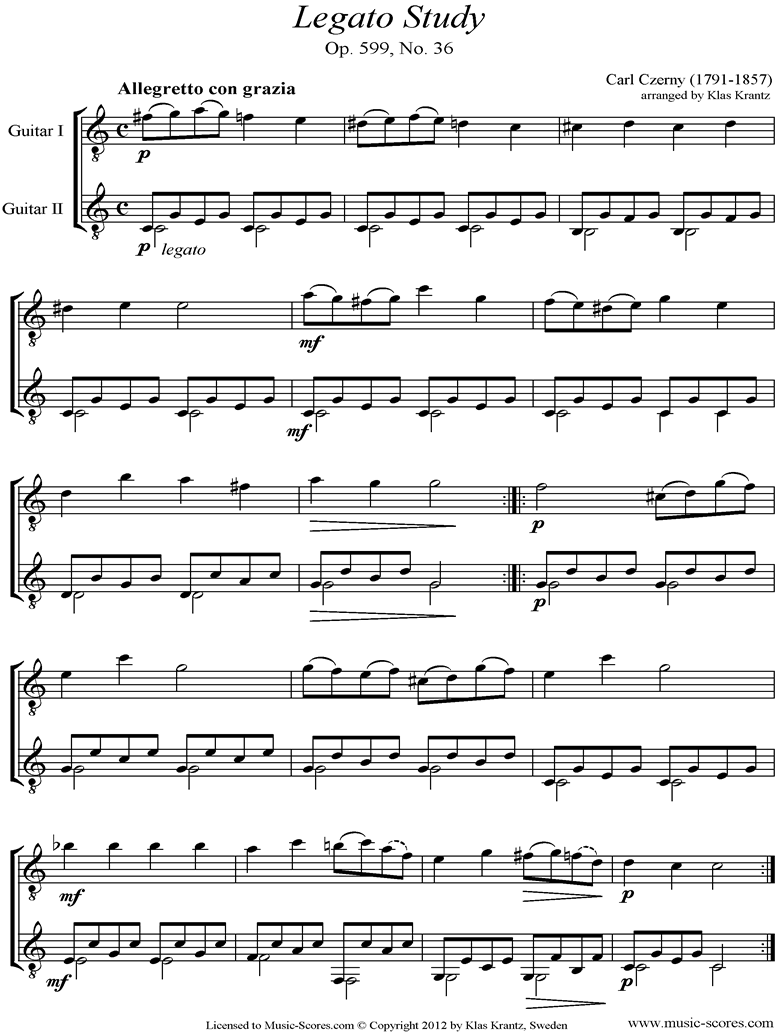 Czerny. Op599, No36 Legato Study 2 Guitars classical sheet music