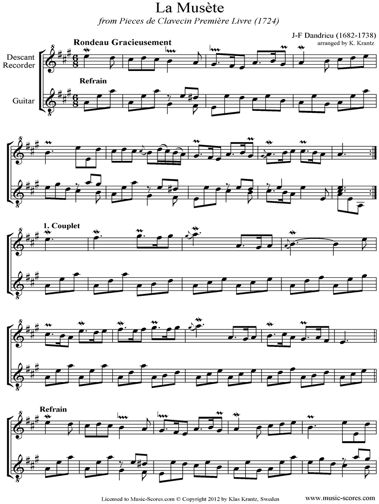 Front page of La Musete: Descant Recorder, Guitar sheet music