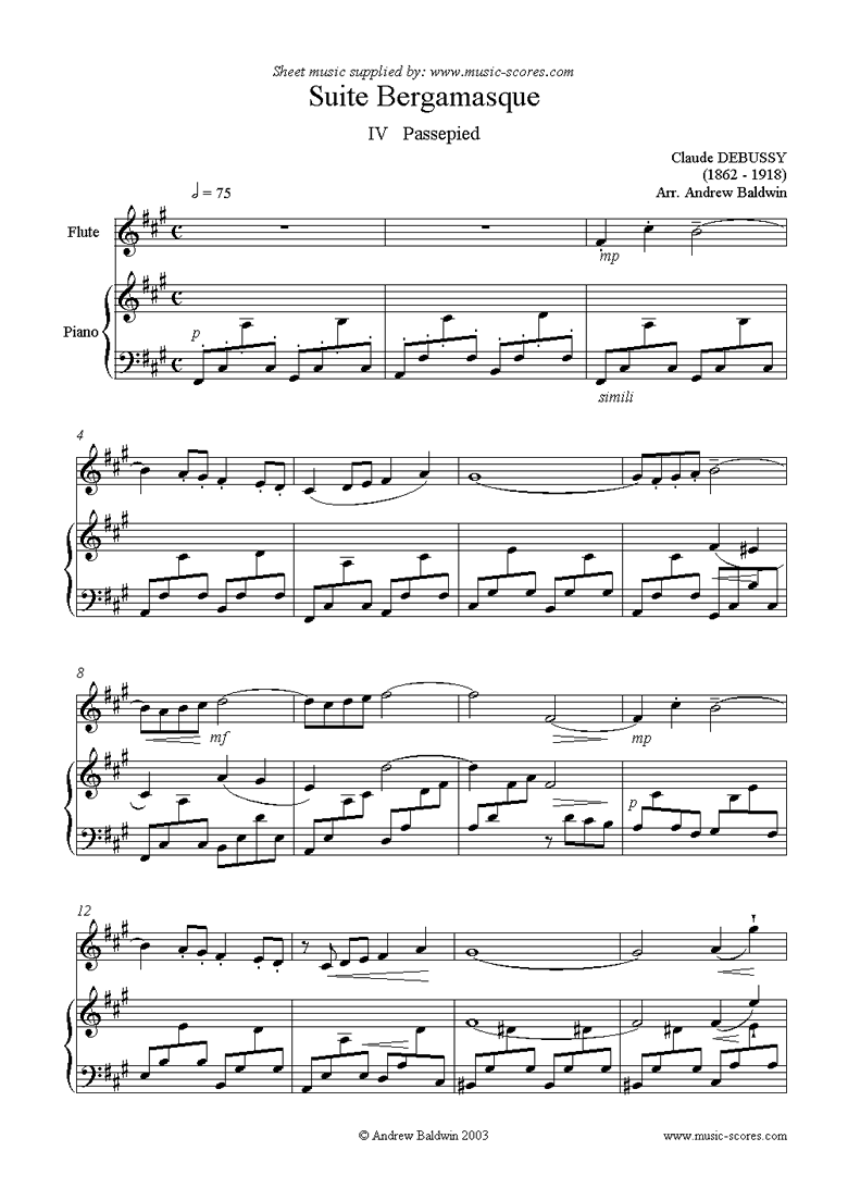 Front page of Suite Bergamasque: 04 Passepied - flute sheet music
