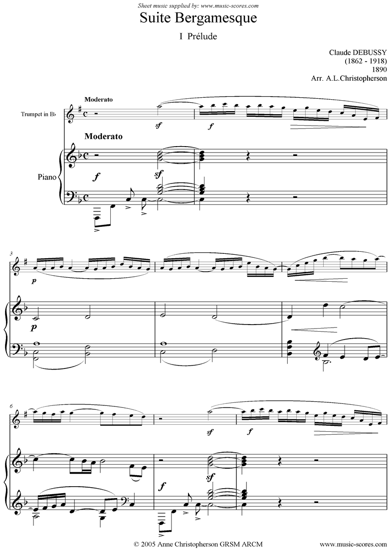 Front page of Suite Bergamasque: 01 Prelude - Trumpet sheet music