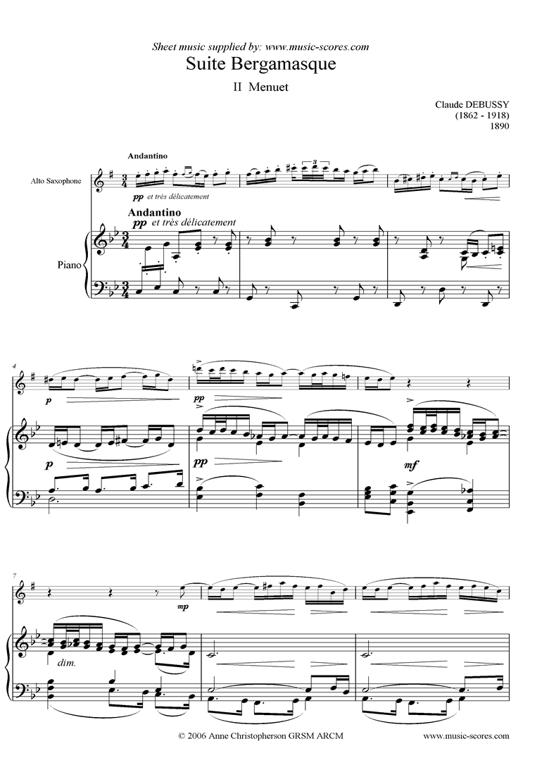 Front page of Suite Bergamasque: 02 Menuet - Alto Sax sheet music
