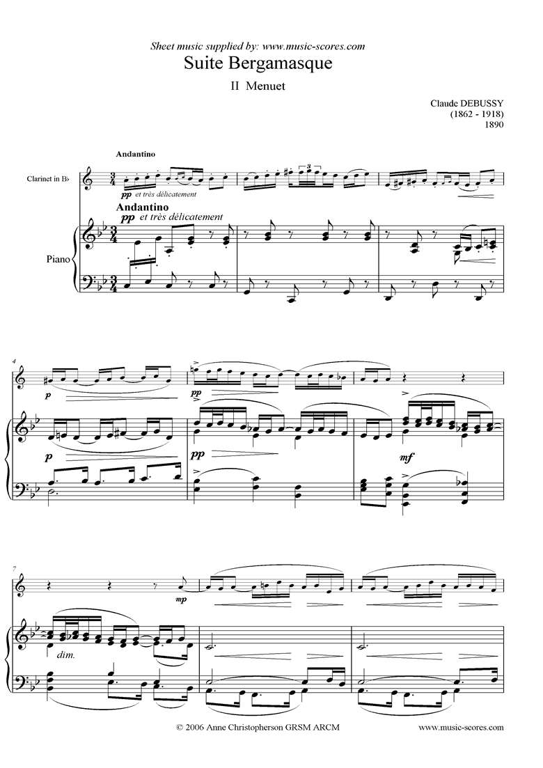 Front page of Suite Bergamasque: 02 Menuet - Clarinet sheet music