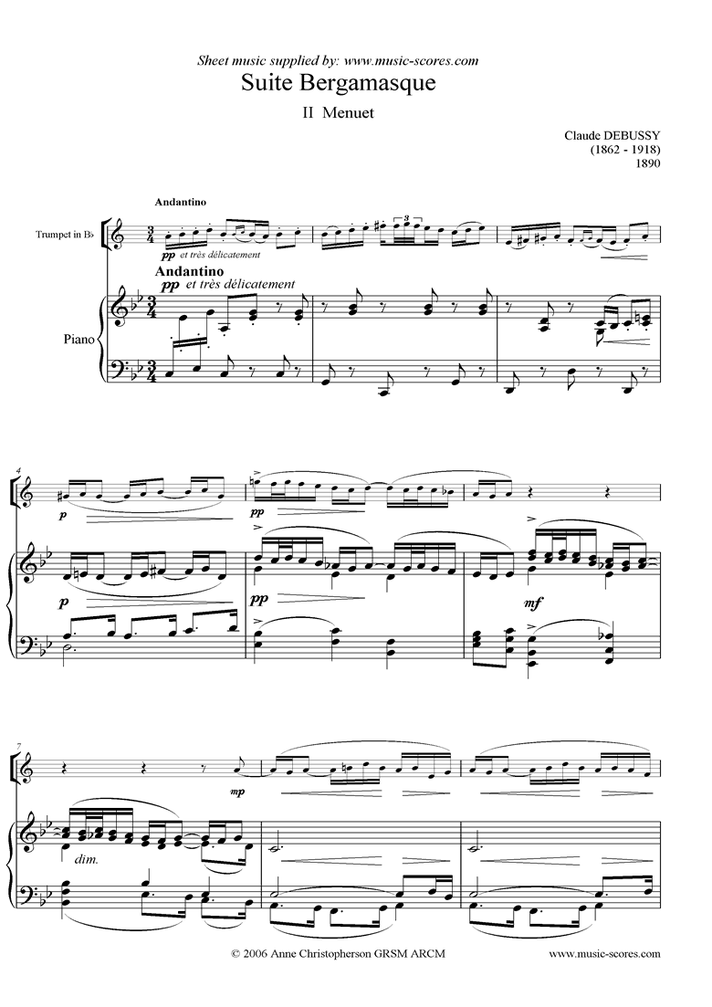 Front page of Suite Bergamasque: 02 Menuet - Trumpet sheet music