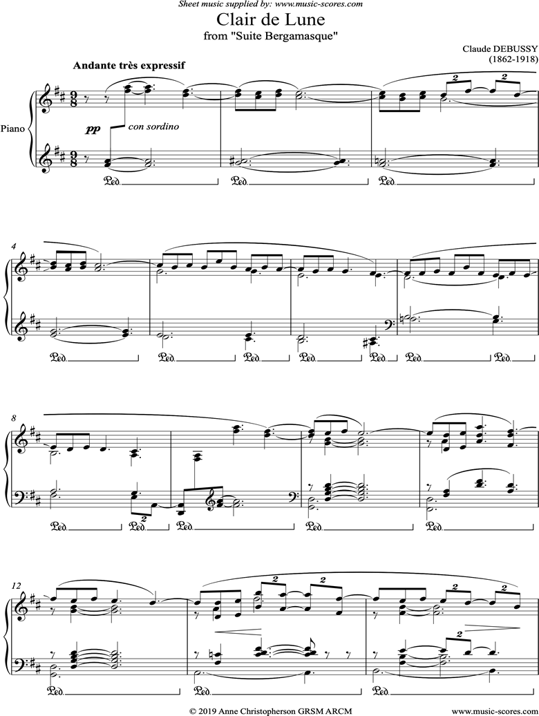 Suite Bergamasque 03 Clair De Lune Easier Piano Sheet Music By Achille Claude Debussy