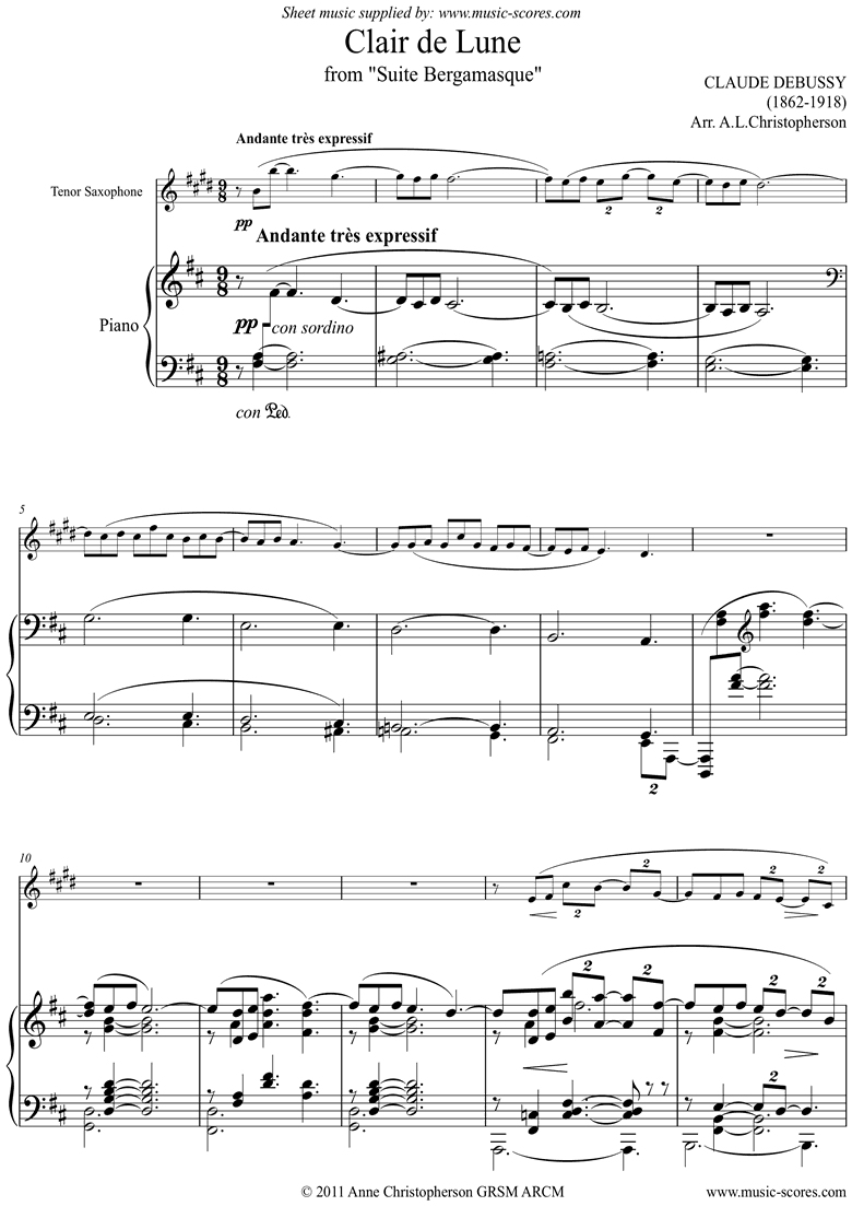 Front page of Suite Bergamasque: 03: Clair de Lune: Tenor Sax Dma sheet music