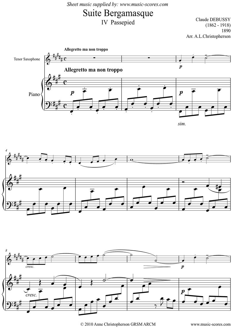 Front page of Suite Bergamasque: 04 Passepied: Tenor Sax F#mi sheet music