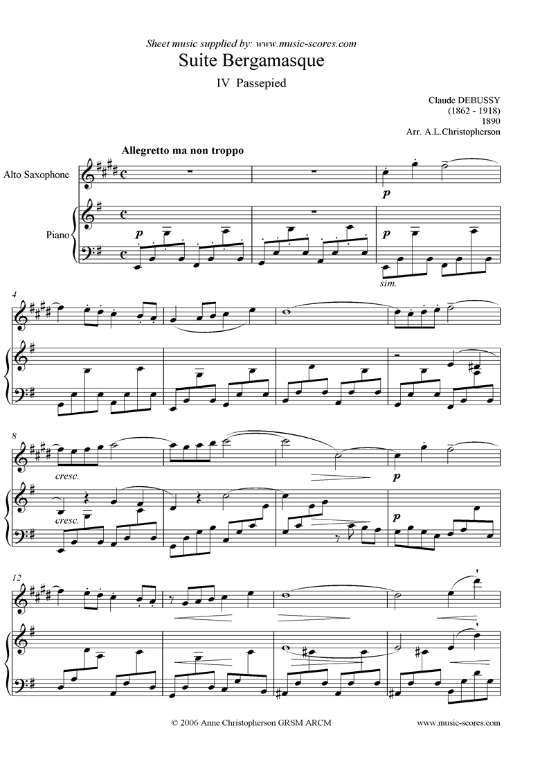 Front page of Suite Bergamasque: 04 Passepied - Alto Sax sheet music