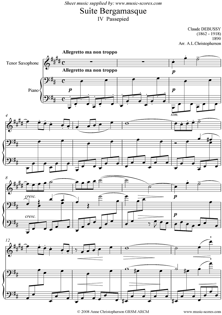 Front page of Suite Bergamasque: 04: Passepied: Tenor Sax sheet music