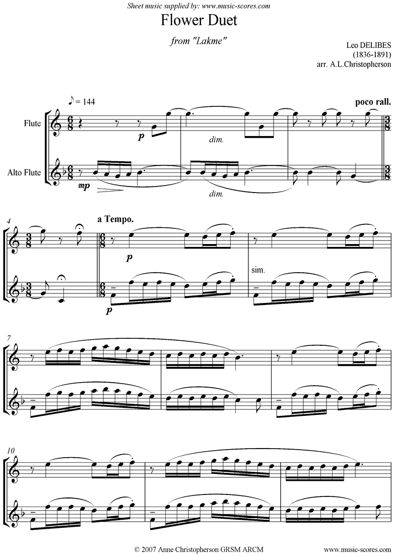 The Flower Duet: Lakme: Flute, Alto Fl, unacc by Delibes
