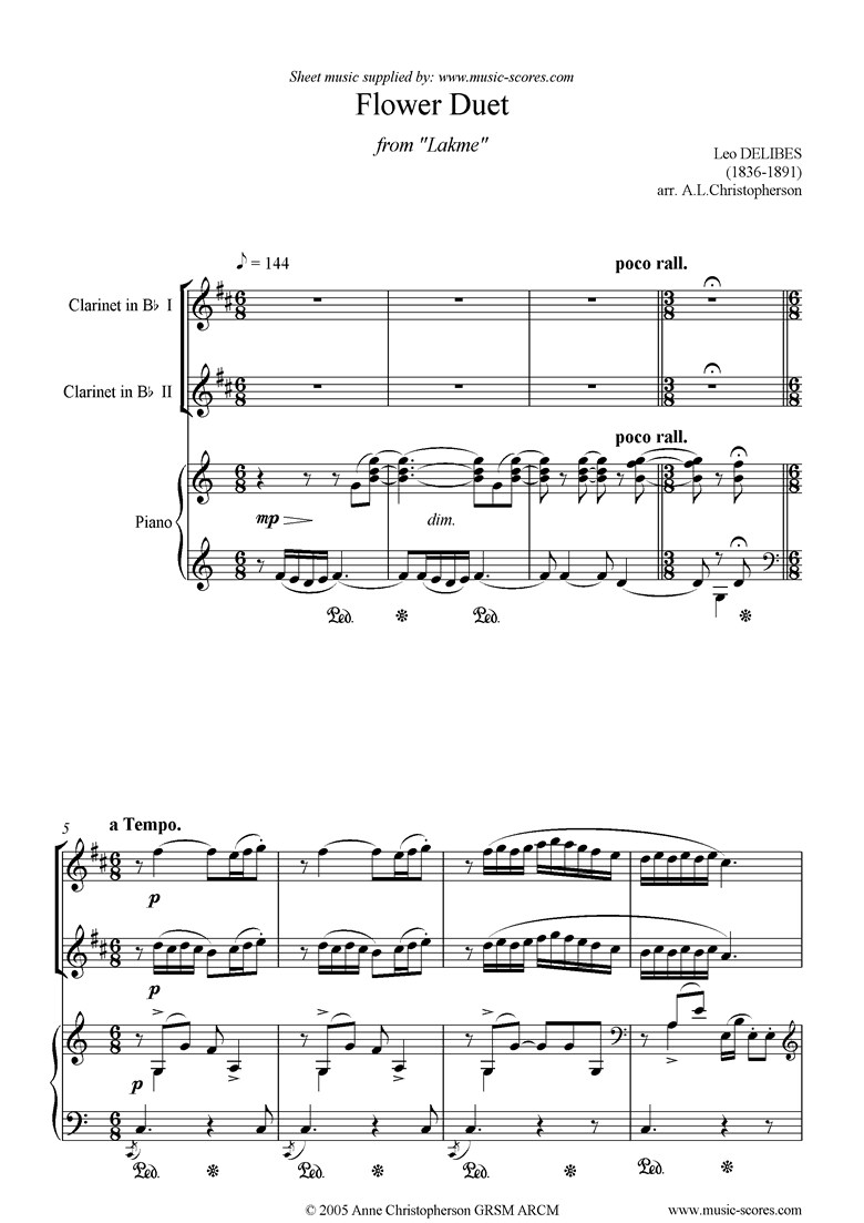 Front page of The Flower Duet: Lakme: 2 clarinets and piano sheet music