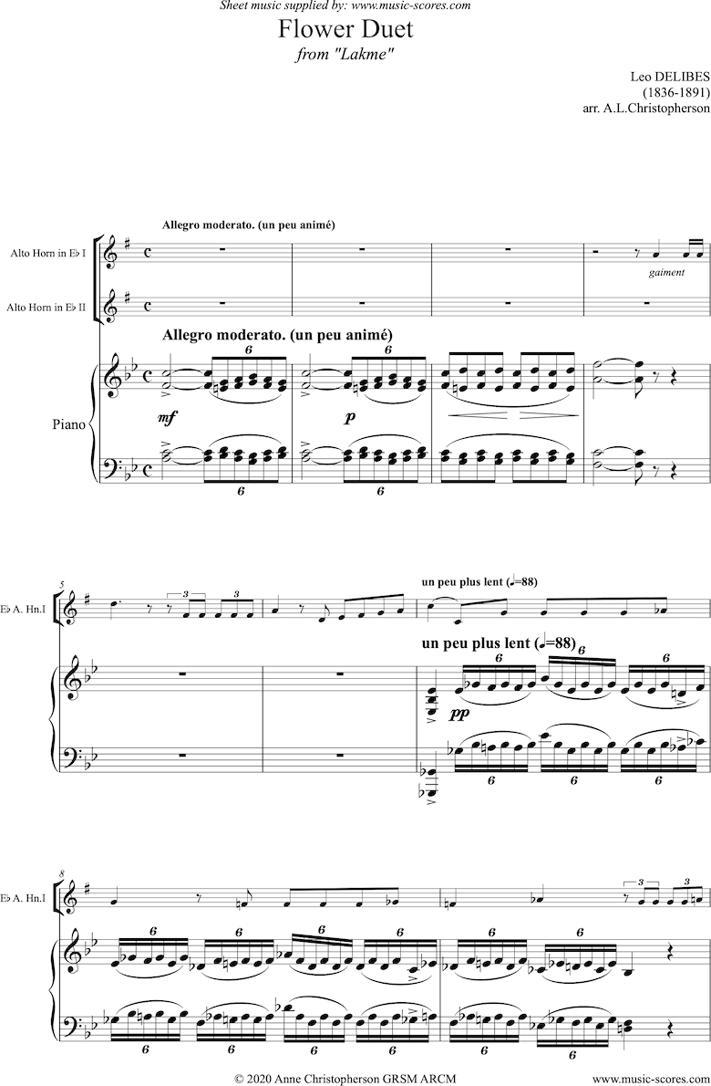 Front page of The Flower Duet: Lakme: 2 Alto Horns and piano. Full version. sheet music