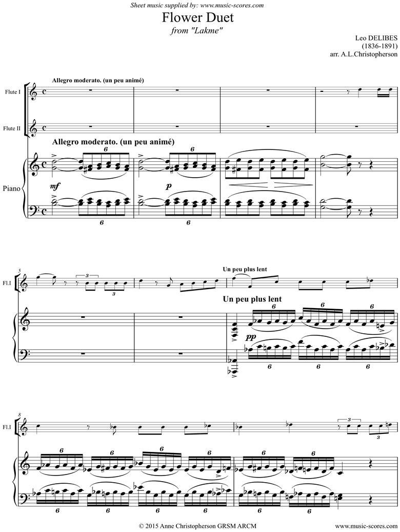 Front page of The Flower Duet: Lakme: Long Version: 2 Flutes, Piano. sheet music
