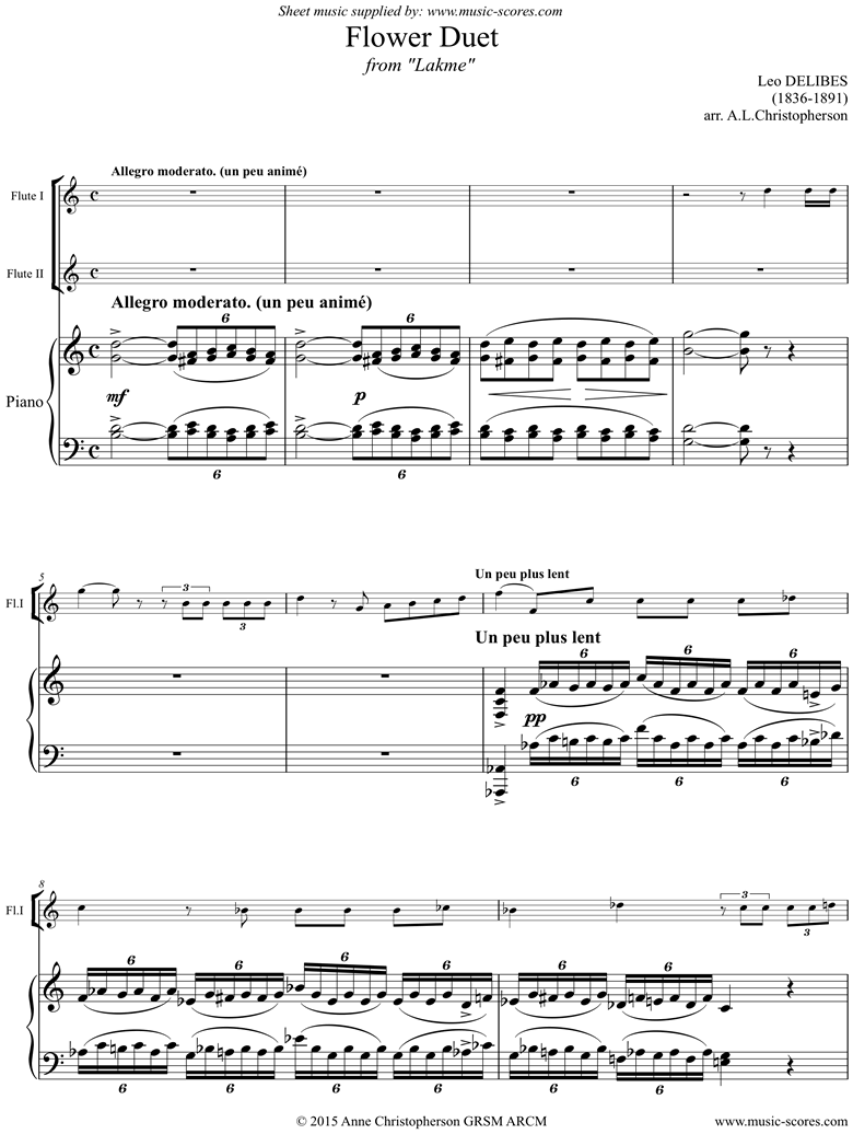 The Flower Duet: Lakme: Long Version: 2 Flutes, Piano. by Delibes