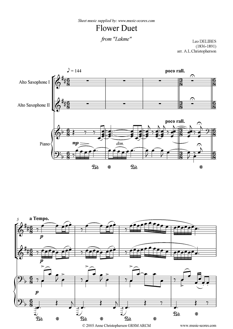 Front page of The Flower Duet: Lakme: 2 alto sax and piano sheet music