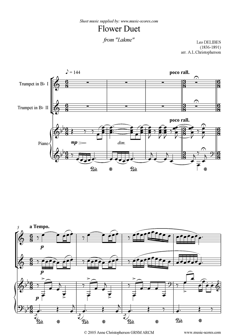 The Flower Duet: Lakme: 2 trumpets and piano by Delibes