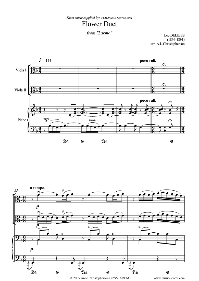 The Flower Duet: Lakme: 2 violas and piano by Delibes